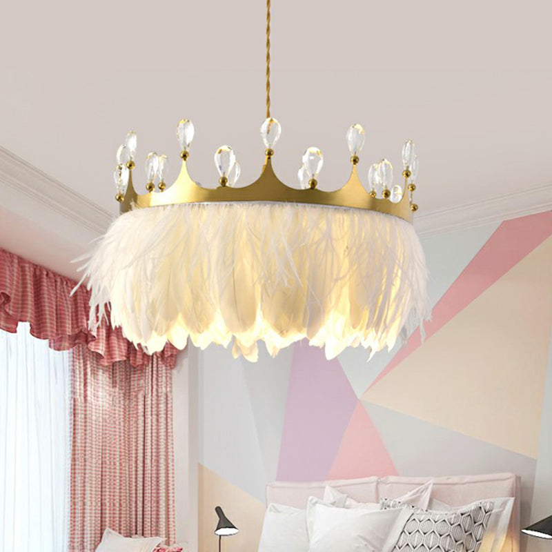Modern Gold Pendant Light With Crystal And Feather Accents