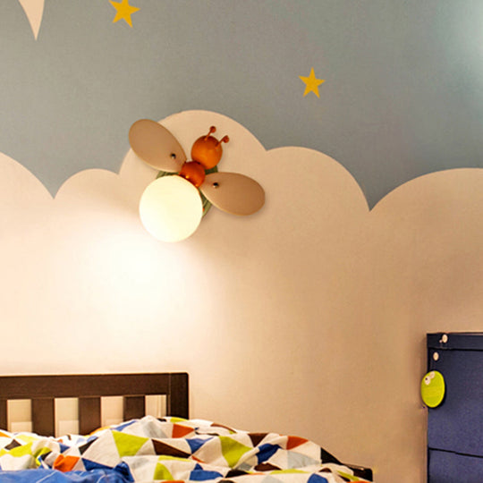 Bee Shaped Child Room Sconce Lighting: Modern Metallic Wall Light With Cream Glass Shade In Yellow