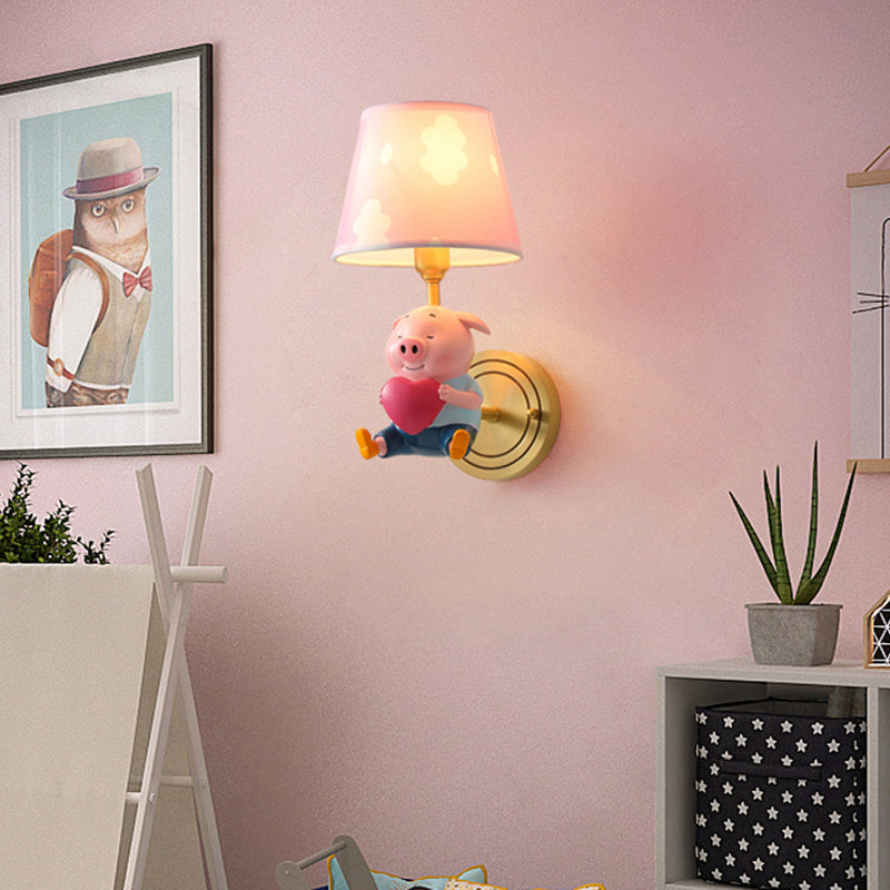 Simplicity Pink Tapered Shade Wall Mounted Light With Decorative Pig Accent