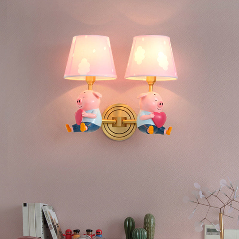 Simplicity Pink Tapered Shade Wall Mounted Light With Decorative Pig Accent