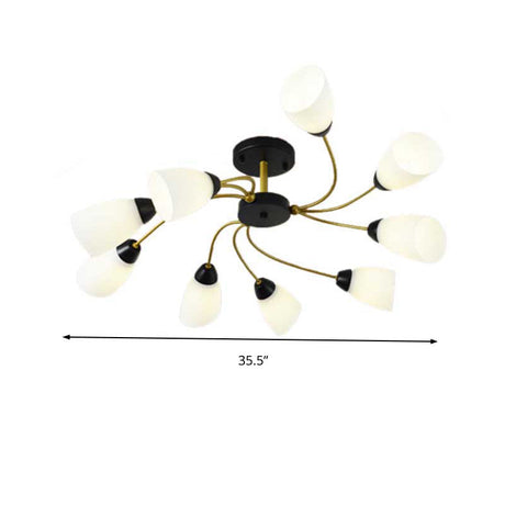 Modern Black/Gold Curly Floral Semi Flush Mount Ceiling Light - 9/12 Lights Milk White Glass Living