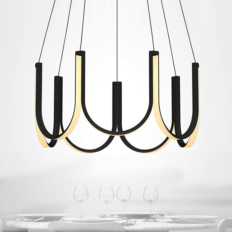 Contemporary Black & White U-Shaped Led Chandelier Pendant With Gold Accents - White/Warm Light /
