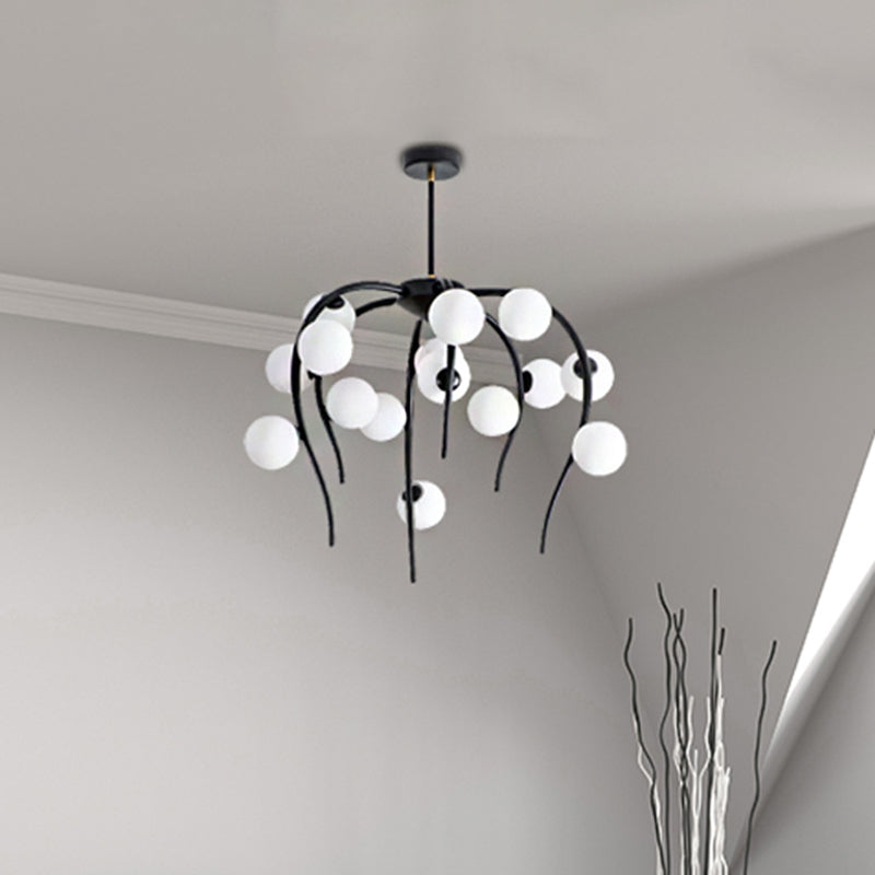 Modern Black/Gold Iron Chandelier With Matte White Balls - 15/20-Light Dining Room Hanging Lamp