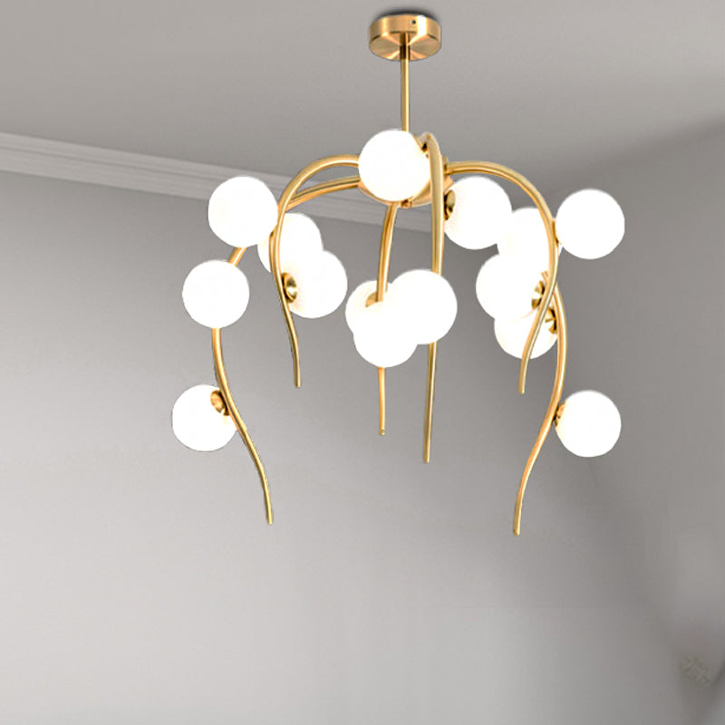 Modern Black/Gold Iron Branch Chandelier With Matte White Balls - 15/20-Light Dining Room Hanging