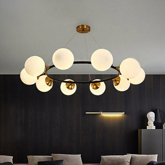 Modern 10-Light Milk White Glass Chandelier With 39 Wide Sphere - Black Ceiling Pendant
