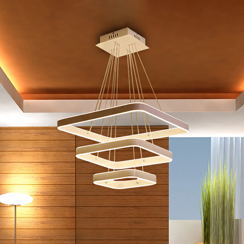 Modern Led Ceiling Chandelier: White 3-Tiered Square Hanging Light Fixture In Multi-Light Tones