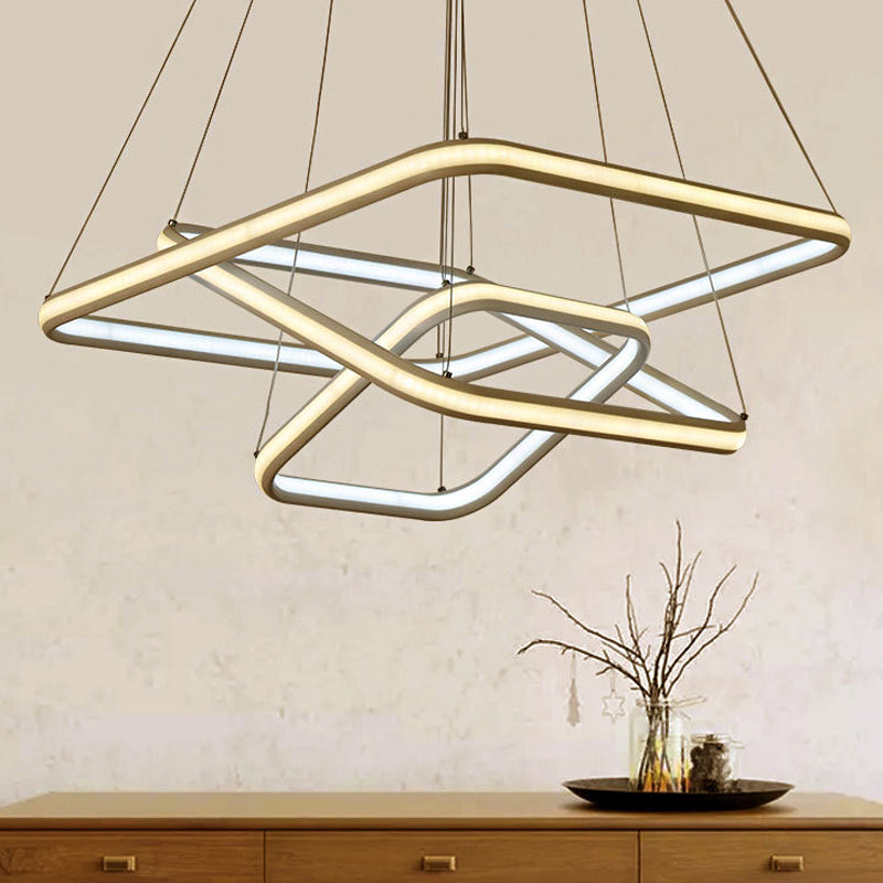 Sleek White Acrylic Hanging Chandelier With Layered Square Design Led Ceiling Pendant In White/Warm