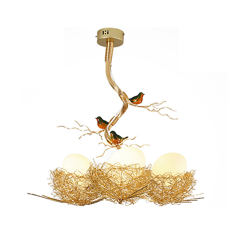 Artistry Milk White Glass Ball Chandelier Pendant With Birds And Hand-Sewn Aluminum Nest -
