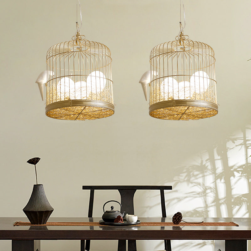 Rustic Matte White Glass Chandelier: Elegant Egg Shaped Hanging Light Fixture With Birdcage Design