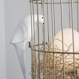 Rustic Matte White Glass Egg Shaped Chandelier With Bird And Birdcage - 3 Light Hanging Fixture