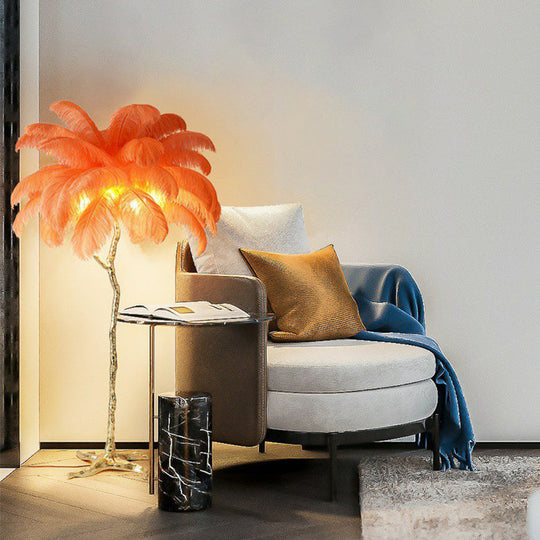 Contemporary Tree-Shape Stand Up Floor Light With 5 Feather Bulbs For Living Room Yellow-Red / Small