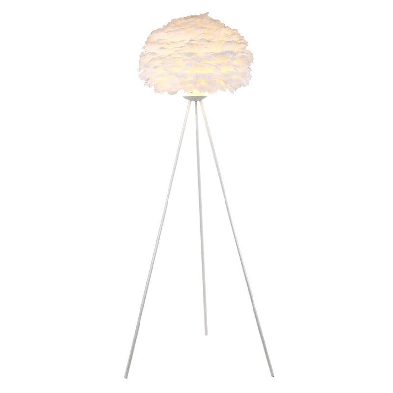 Nordic Style Tripod Floor Lamp With Feather Shade Metal Stand White