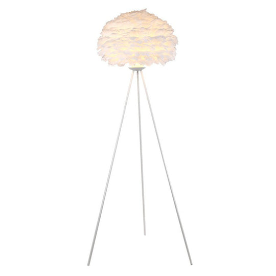 Nordic Style Tripod Floor Lamp With Feather Shade Metal Stand White