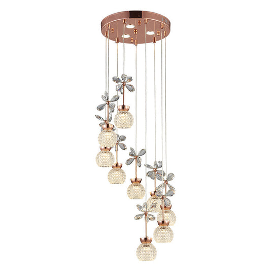 Rose Gold Floral Staircase Led Pendant With Crystal Dome Shade