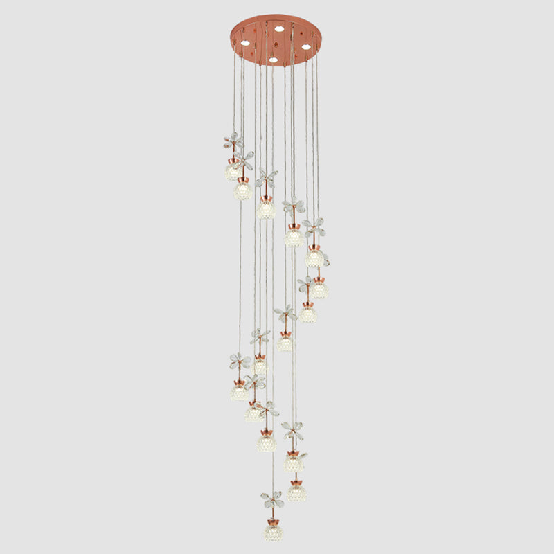 Rose Gold Floral Staircase Multi-Light Pendant With Led Dome Shade