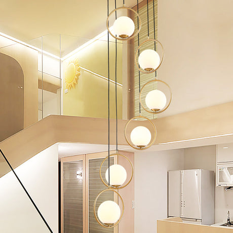 Contemporary Globe Multi Ceiling Lamp With Cream Glass And Black Halo Ring: Staircase Suspension