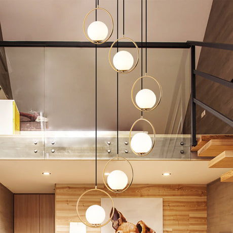 Contemporary Globe Multi Ceiling Lamp With Cream Glass And Black Halo Ring: Staircase Suspension