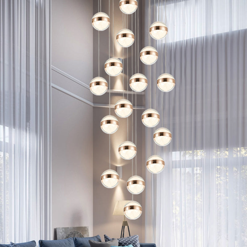 Gold Crystal Led Multi-Ceiling Light With Ball Shade For Staircase Suspension