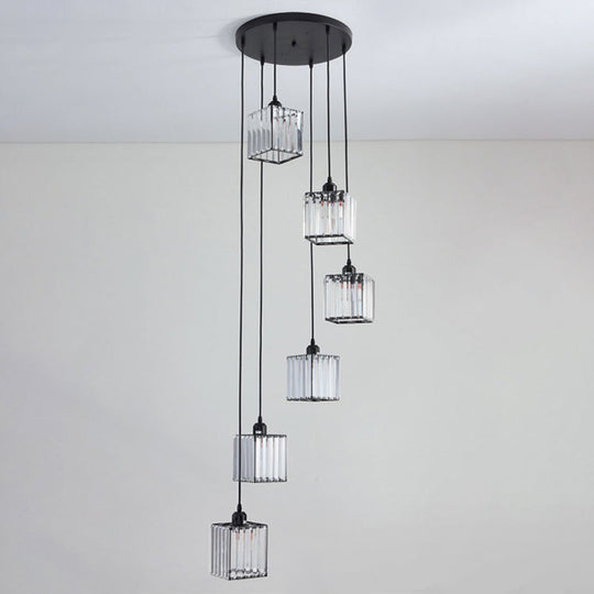 Modern Black Crystal Spiral Cube Pendant Light - 6 Bulbs Multi Light Hanging Fixture Black