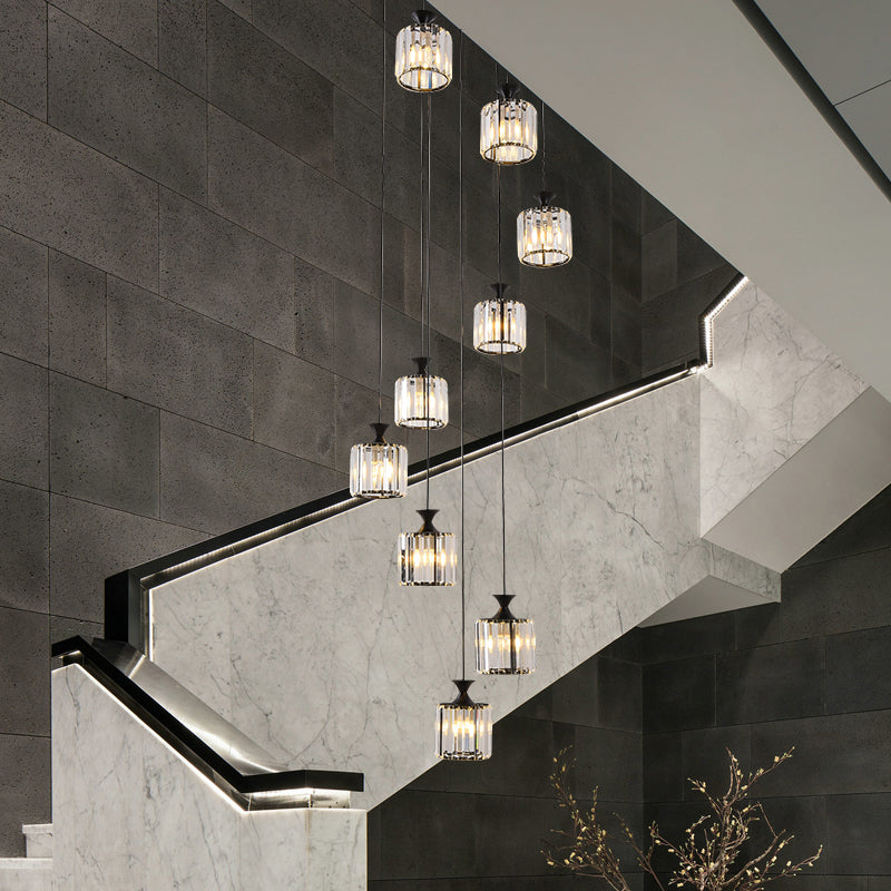 Minimalist Crystal Cylinder Pendant Light With 9 Bulbs For Staircase Black