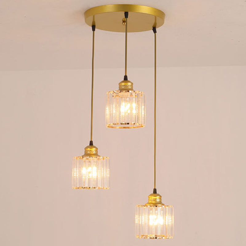 Moderne Pendelleuchte aus Kristallzylinder mit 3 Glühbirnen – Gold-Finish für Esszimmer