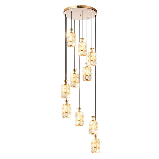Modern Crystal-Encrusted Cylinder Ceiling Lamp - 10 Bulb Suspension Fixture For Staircase