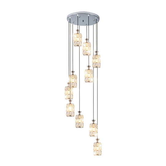 Modern Crystal-Encrusted Cylinder Ceiling Lamp - 10 Bulb Suspension Fixture For Staircase