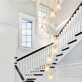 Gold 10-Light Staircase Hanging Pendant With Lattice Glass Bell Shades - Simplicity Collection