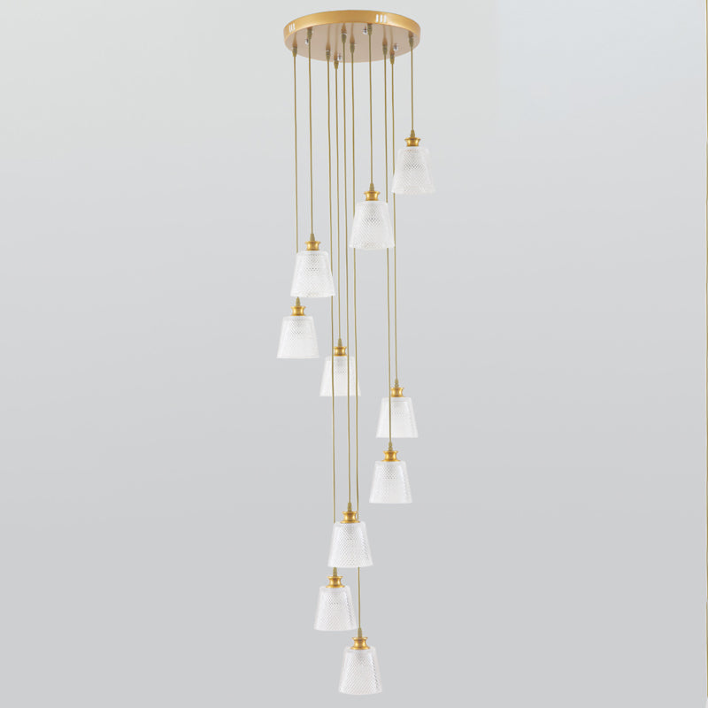 Treppenpendelleuchte aus goldfarbenem Gitterglas – Glockenschirm, 10-flammig, Simplicity, mehrflammig