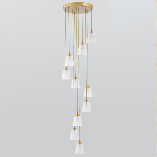 Treppenpendelleuchte aus goldfarbenem Gitterglas – Glockenschirm, 10-flammig, Simplicity, mehrflammig