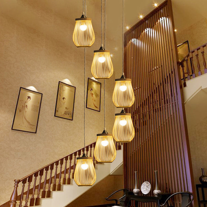 Modern Bamboo Pear Pendant Light For Staircase - Wood Hanging Lighting
