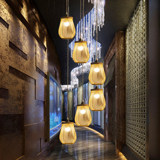Modern Bamboo Pear Pendant Light For Staircase - Wood Hanging Lighting