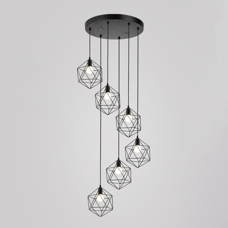 Geometric Cage Staircase Multi Ceiling Light - Metallic Suspension Fixture 6 / Black A