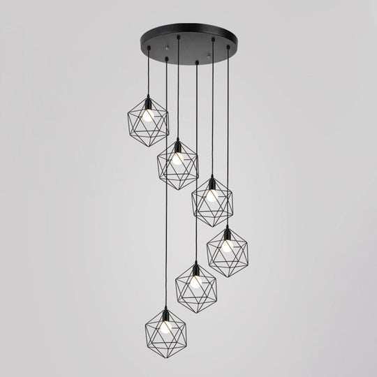 Geometric Cage Staircase Multi Ceiling Light - Metallic Suspension Fixture 6 / Black A