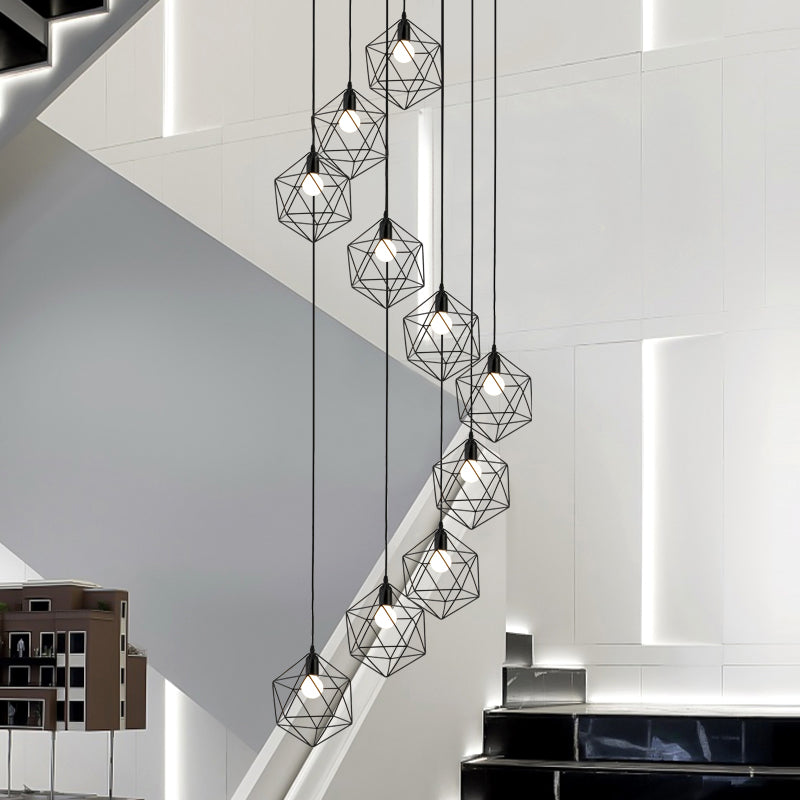 Metallic Geometric Cage Ceiling Light Fixture For Staircase Suspension 10 / Black A