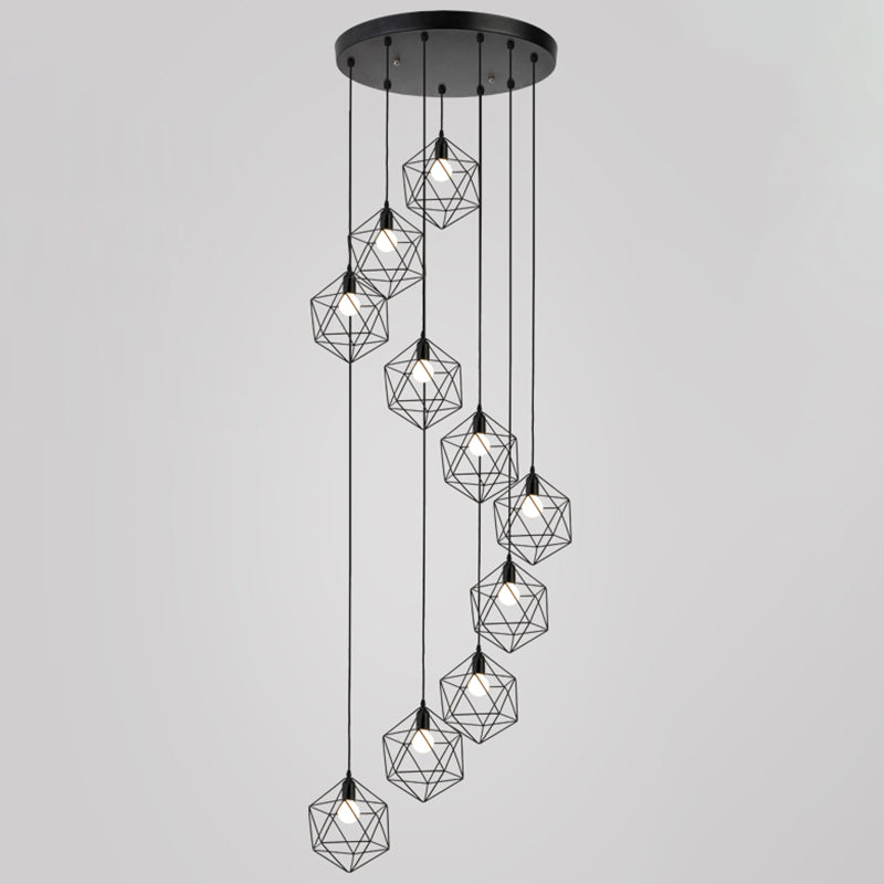 Geometric Cage Staircase Multi Ceiling Light - Metallic Suspension Fixture