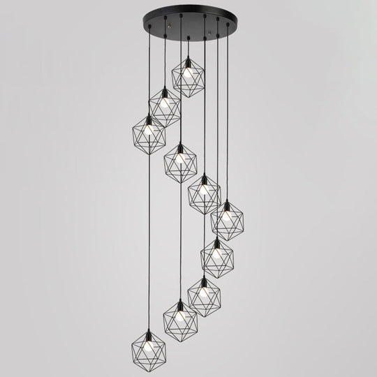 Geometric Cage Staircase Multi Ceiling Light - Metallic Suspension Fixture