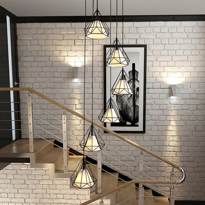 Diamond Cage Hanging Light With Metallic Staircase Design - Black Pendant Inner Cone Shade