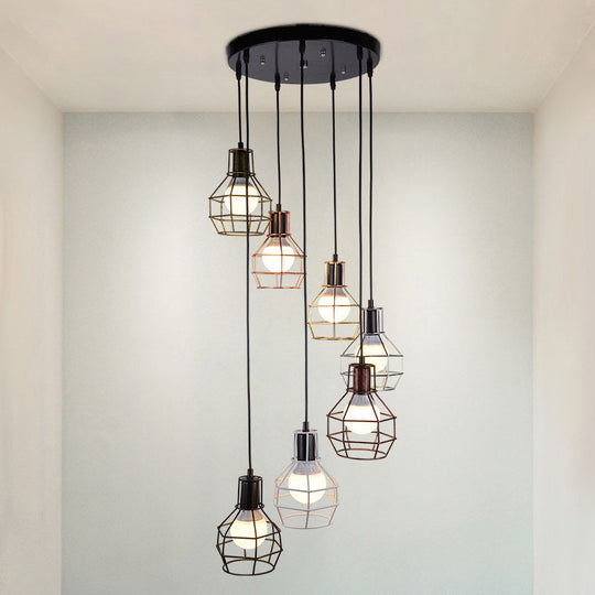 Minimalist Black Metal Cage Suspension Light - Multi-Light Pendant For Staircase 7 /