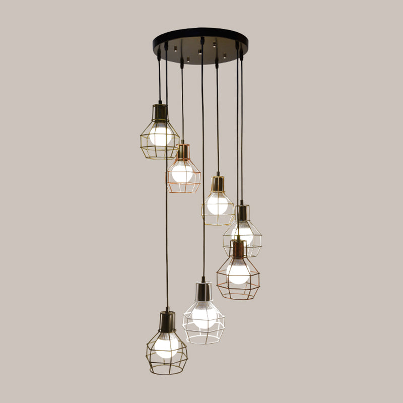 Minimalist Black Metal Cage Suspension Light - Multi-Light Pendant For Staircase