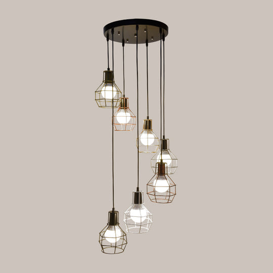 Minimalist Black Metal Cage Suspension Light - Multi-Light Pendant For Staircase