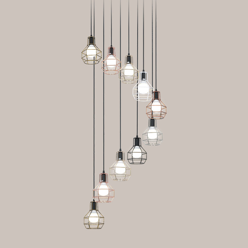 Minimalist Black Metal Cage Suspension Light - Multi-Light Pendant For Staircase