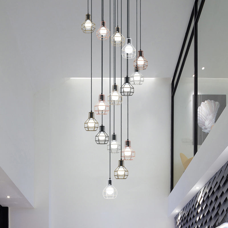 Minimalist Black Metal Cage Suspension Light - Multi-Light Pendant For Staircase 15 /