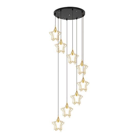 Sleek Gold Spiral Star Ceiling Lamp - 8-Bulb Metallic Suspension Light Fixture For Entryway