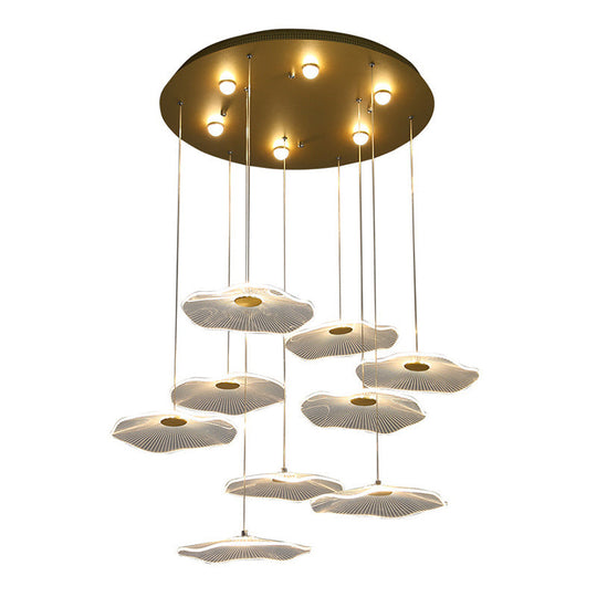 Contemporary Gold Lotus Leaf Led Staircase Light Pendant - Acrylic Multi