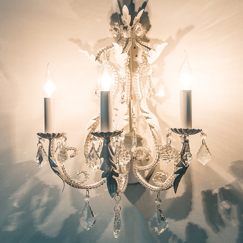 Traditional Candlestick Wall Mount Light With Crystal Draping - White