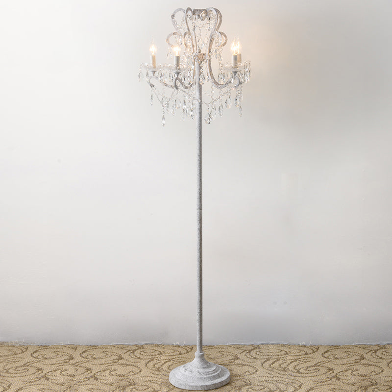 Candle Metallic Stand Up Lamp Traditional 5 Heads Living Room Floor Lighting With Crystal Draping