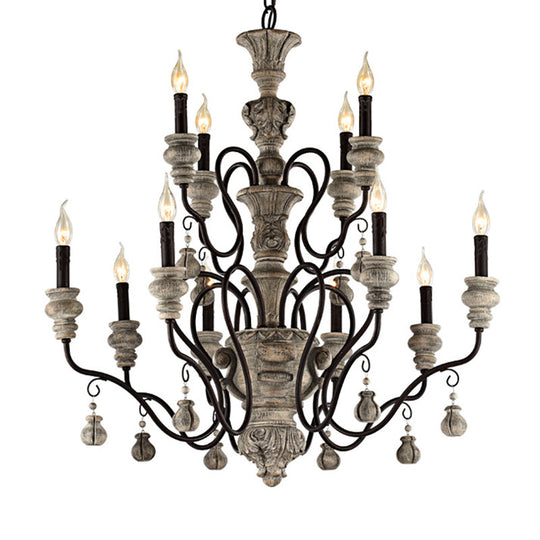 Traditional Wooden Candelabra Ceiling Chandelier For Dining Room With Curved Rustic Arm
