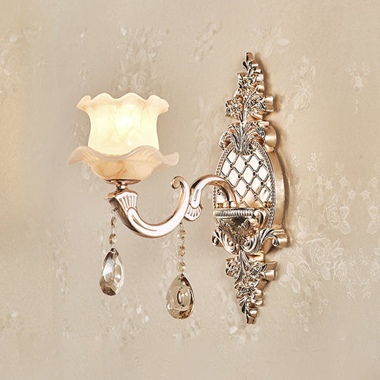 Simplicity Cream Glass Flower Wall Light With Gold Finish And Crystal Draping 1 / A