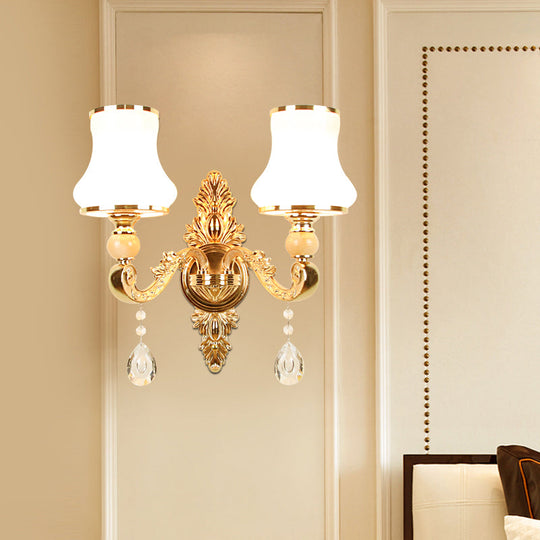 Opal Glass Gold Wall Light With Flower Shade And Crystal Accent - Antique Lighting Fixture 2 /